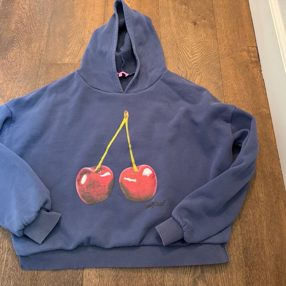 Edikted Cherry Logo Hoodie Sweatshirt Blue Sz S